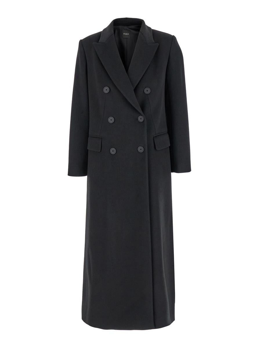 Long Black Double-Breasted Coat In Fabric Woman