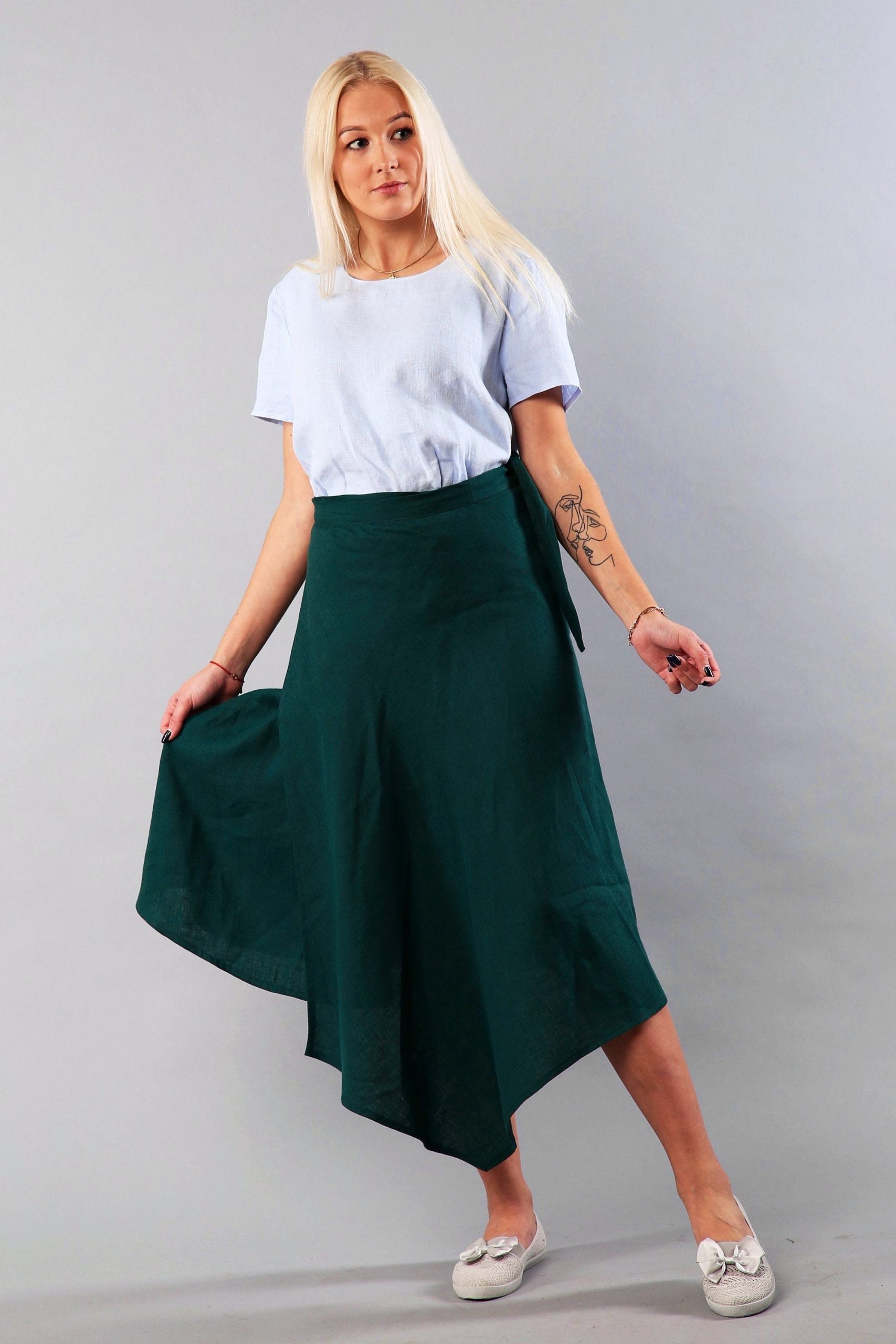 Long Green Linen Wrap Skirt Afina. Maxi Skirt, Circle Skirts, Maxi Asymmetric Summer For Women