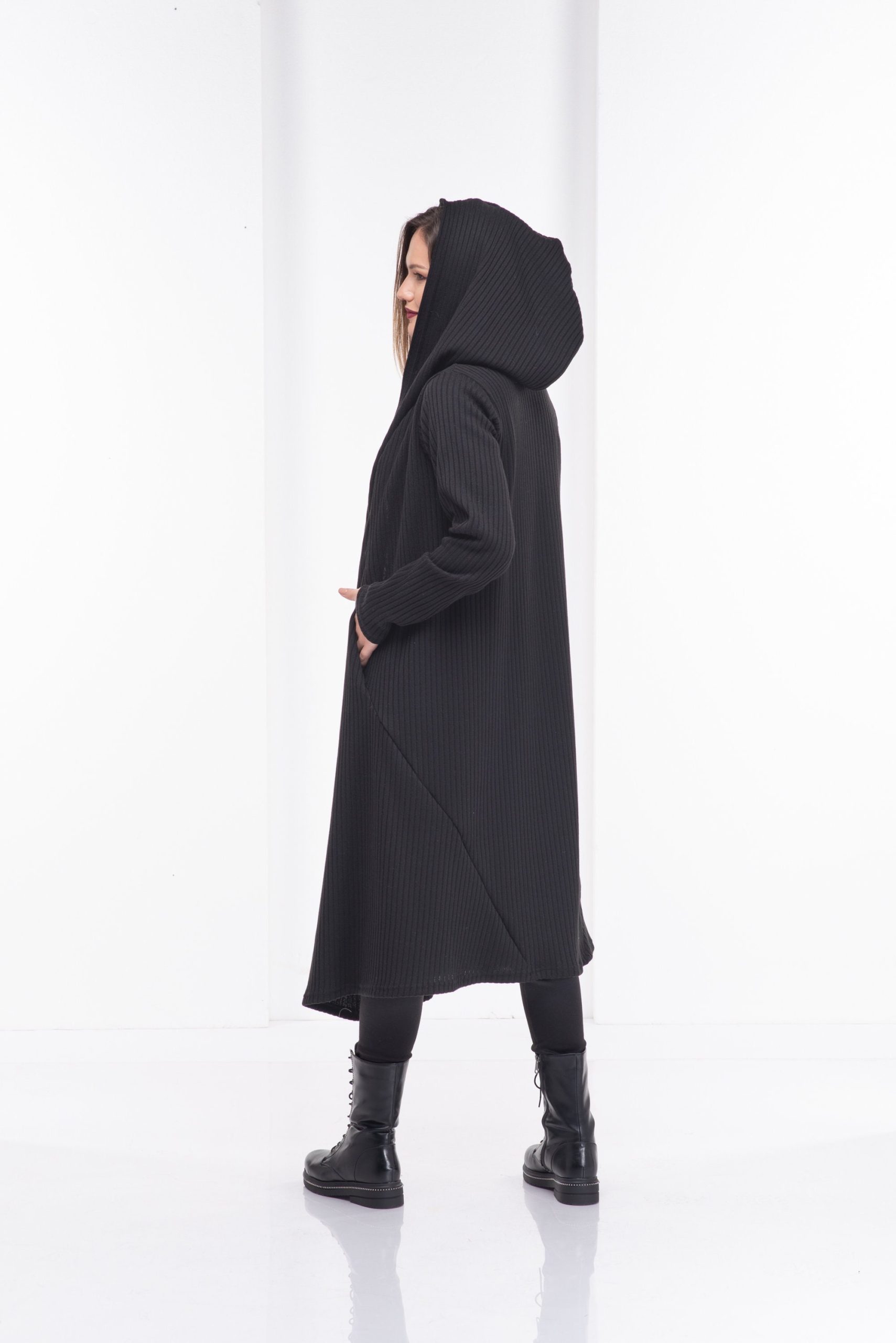 Long Hooded Wool Coat, Chunky Maxi Cardigan, Winter Cape, Black Gothic Hoodie