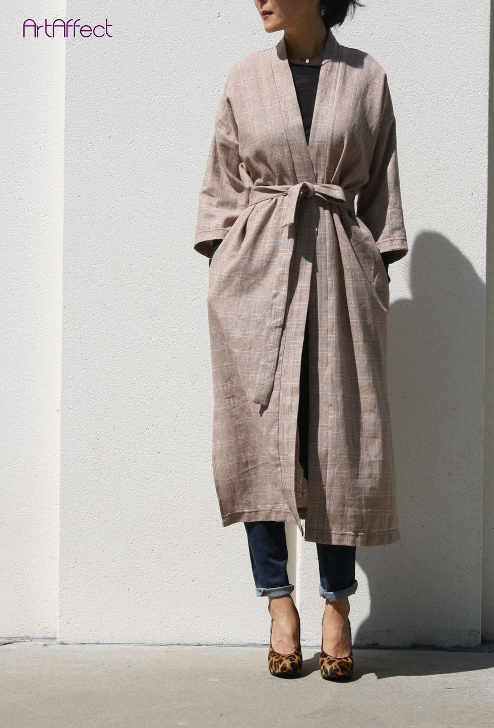 Long Linen Kimono Jacket With Tie Waist, Boho Robe, Duster Coat, Plaid Jacket, Cardigan, Kimono, Robe