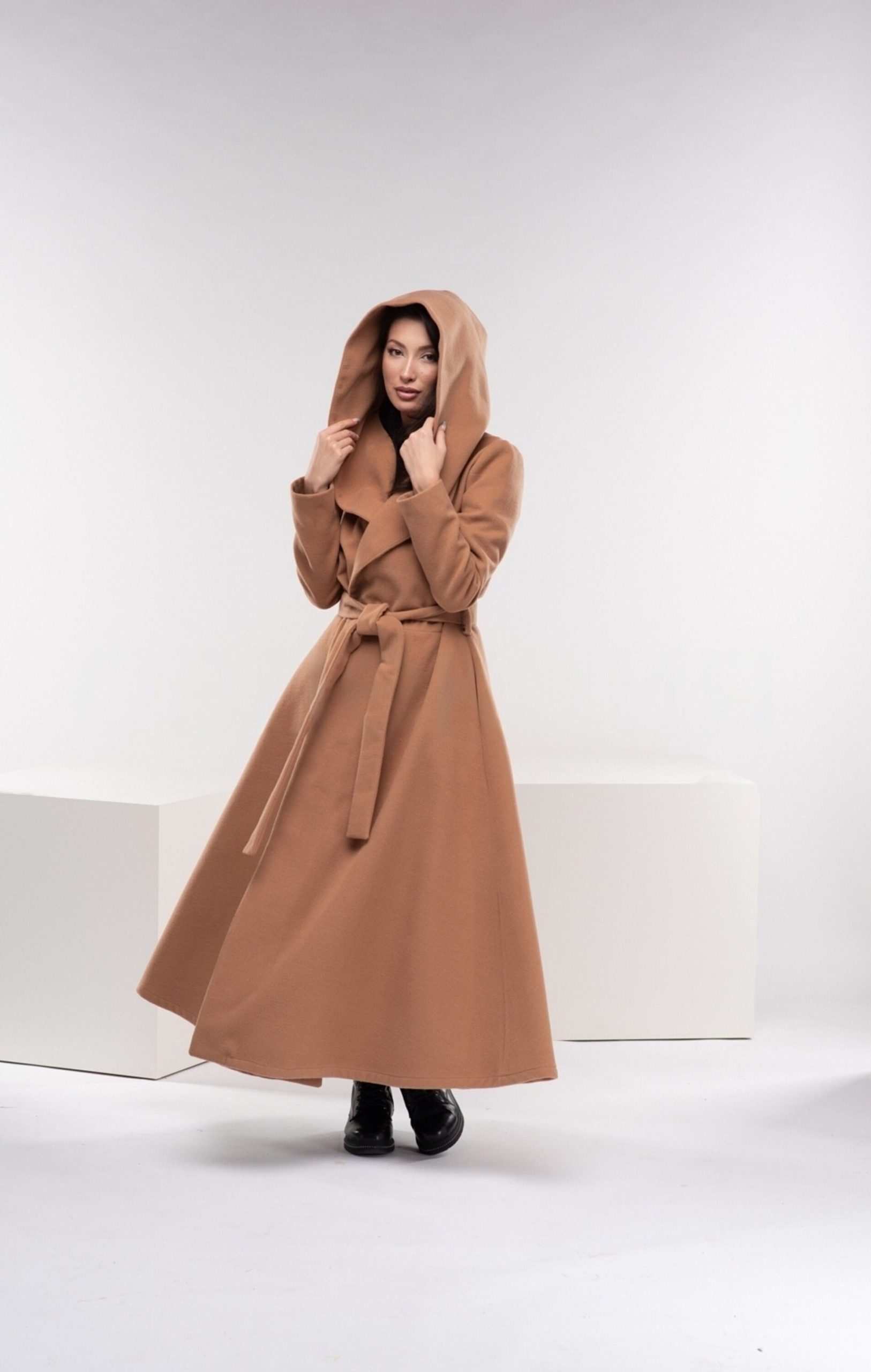 Long Princess Trench Coat, Hooded Winter Cape Camel Wool Swing Vintage Style, Sustainable Capsule Wardrobe, Maxi Coats