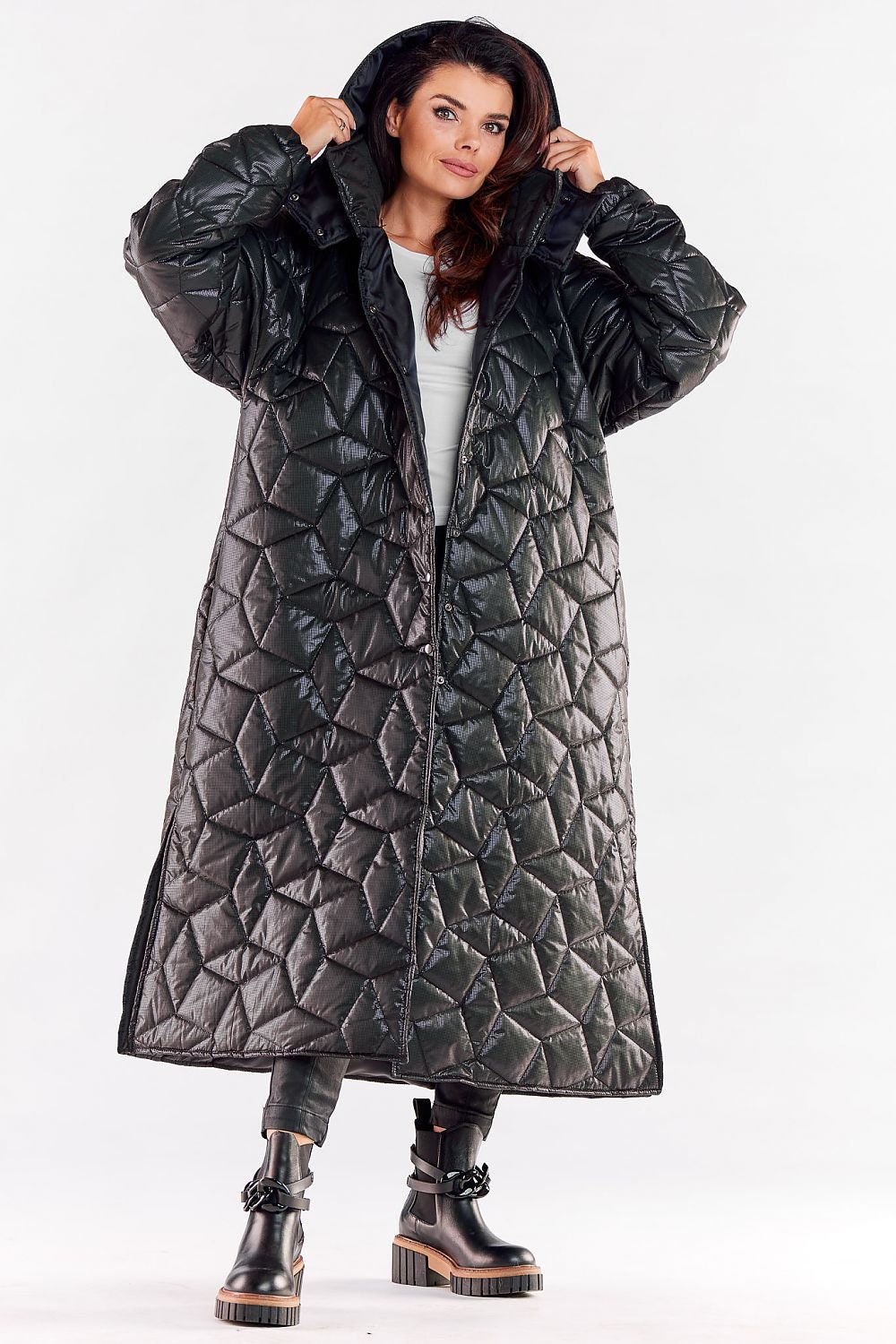 Long Quilted Patent Leather Jacket, Pcv Vinyl Coat, Hooded Puffer Patent Vegan Shiny Jacket