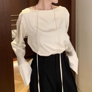 Long-Sleeve Boat Neck Plain Satin Top