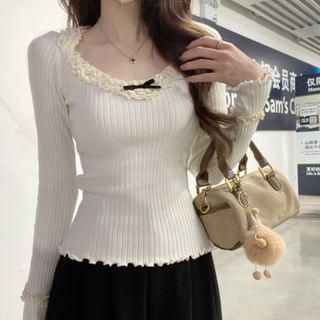 Long-Sleeve Bow Lettuce Edge Lace Trim Ribbed Knit Top