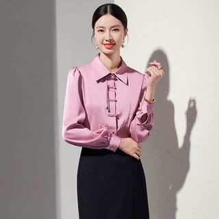 Long-Sleeve Collared Plain Frog Buttoned Satin Blouse / High Waist Slit Straight Skirt / Flared Suit Pants