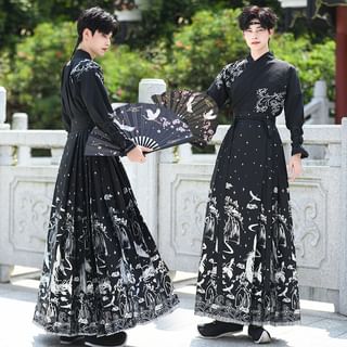 Long-Sleeve Embroidered Wrap Hanfu Top / Print Maxi Ma Mian Skirt / Wrist Cuff /Set