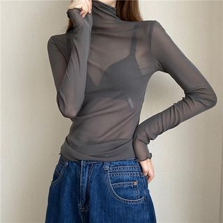 Long-Sleeve High Neck Mesh Top