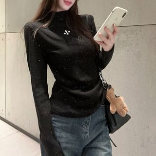 Long-Sleeve Mock Neck Glitter Slim Fit Knit Top