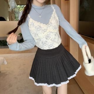 Long-Sleeve Mock Neck Plain Tee / Lace Camisole Top / High Waist Pleated Lace Trim Mini A-Line Skirt / Set