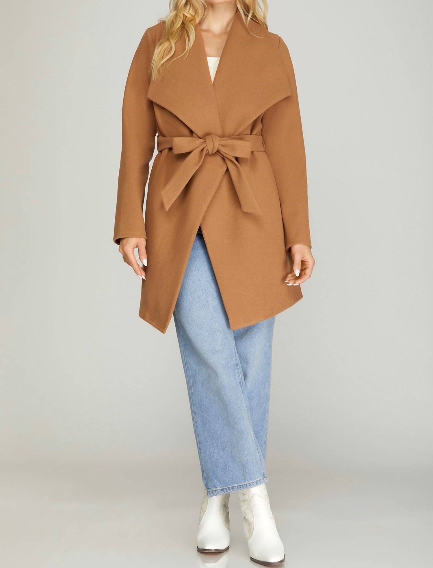 Long Sleeve Open Front Wrap Coat In Camel