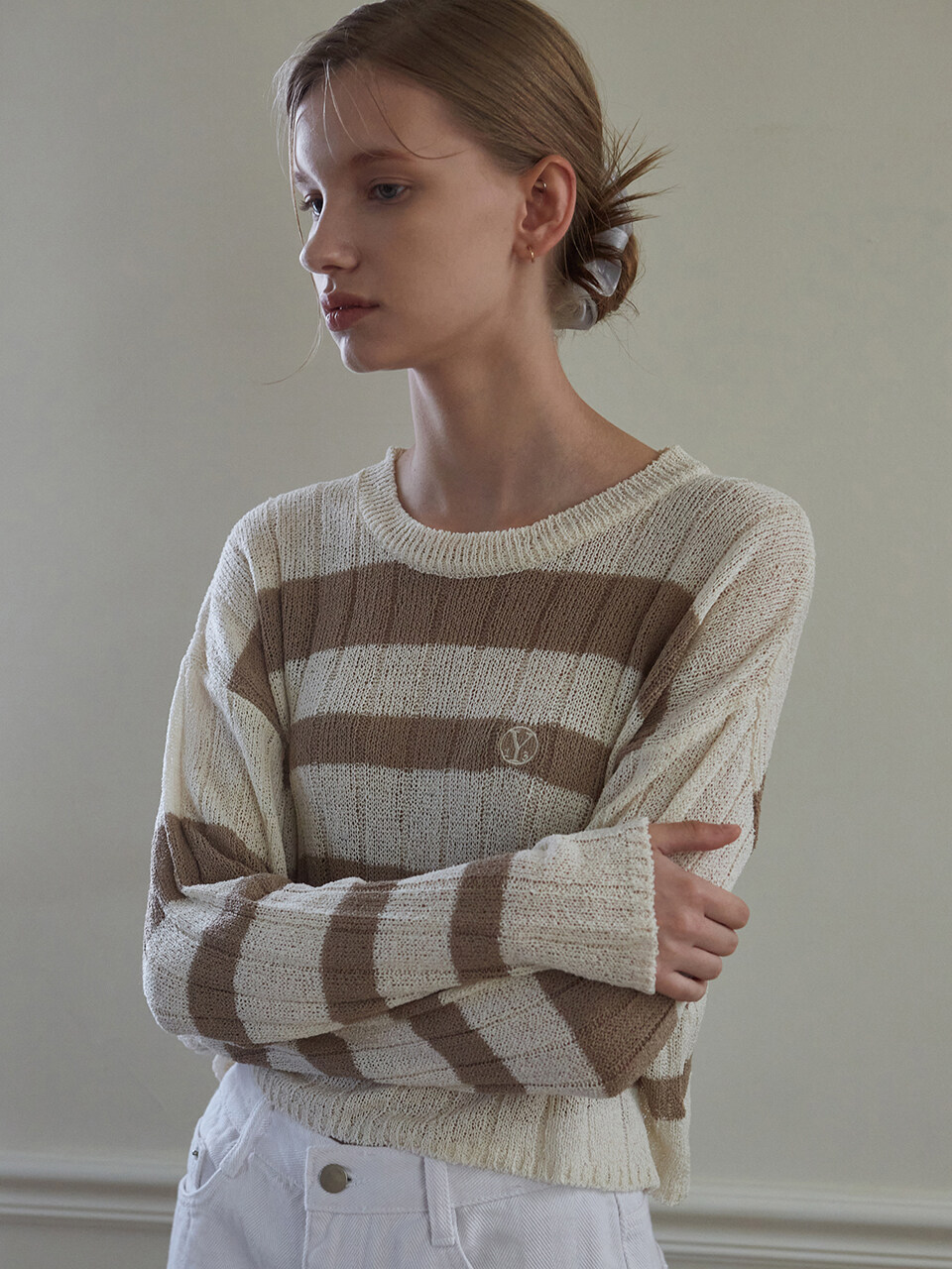 Long Sleeve Stripe Knit Top_Brown