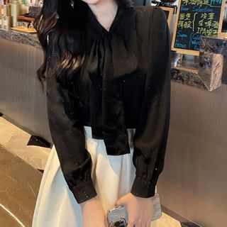 Long-Sleeve Tie-Neck Glitter Blouse