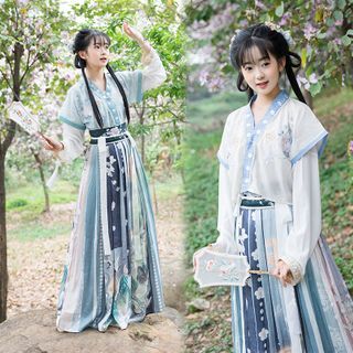 Long-Sleeve Top / Short-Sleeve Embroidered Hanfu Top / Maxi Skirt / Set