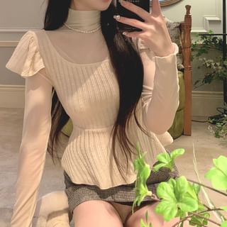 Long-Sleeve Turtleneck Plain Peplum Ribbed Knit Top