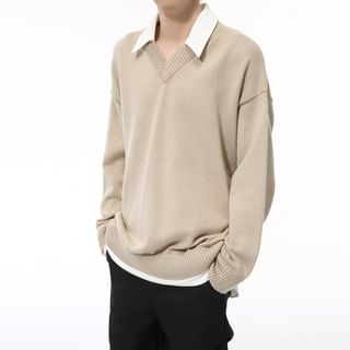 Long-Sleeve Two Tone Knit Polo Top