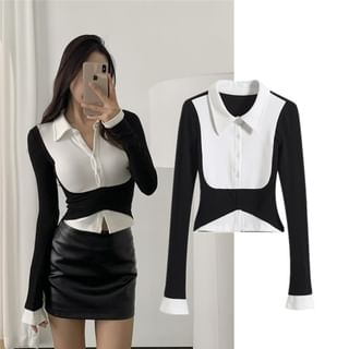 Long Sleeve Two Tone Polo Collar Crop Top