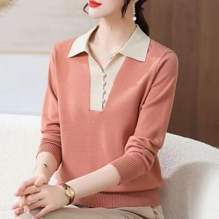 Long-Sleeve Two Tone Polo Knit Top