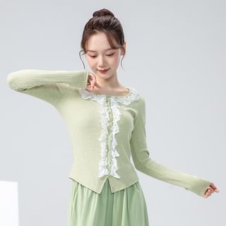 Long-Sleeve U-Neck Lace Trim Plain Knit Top