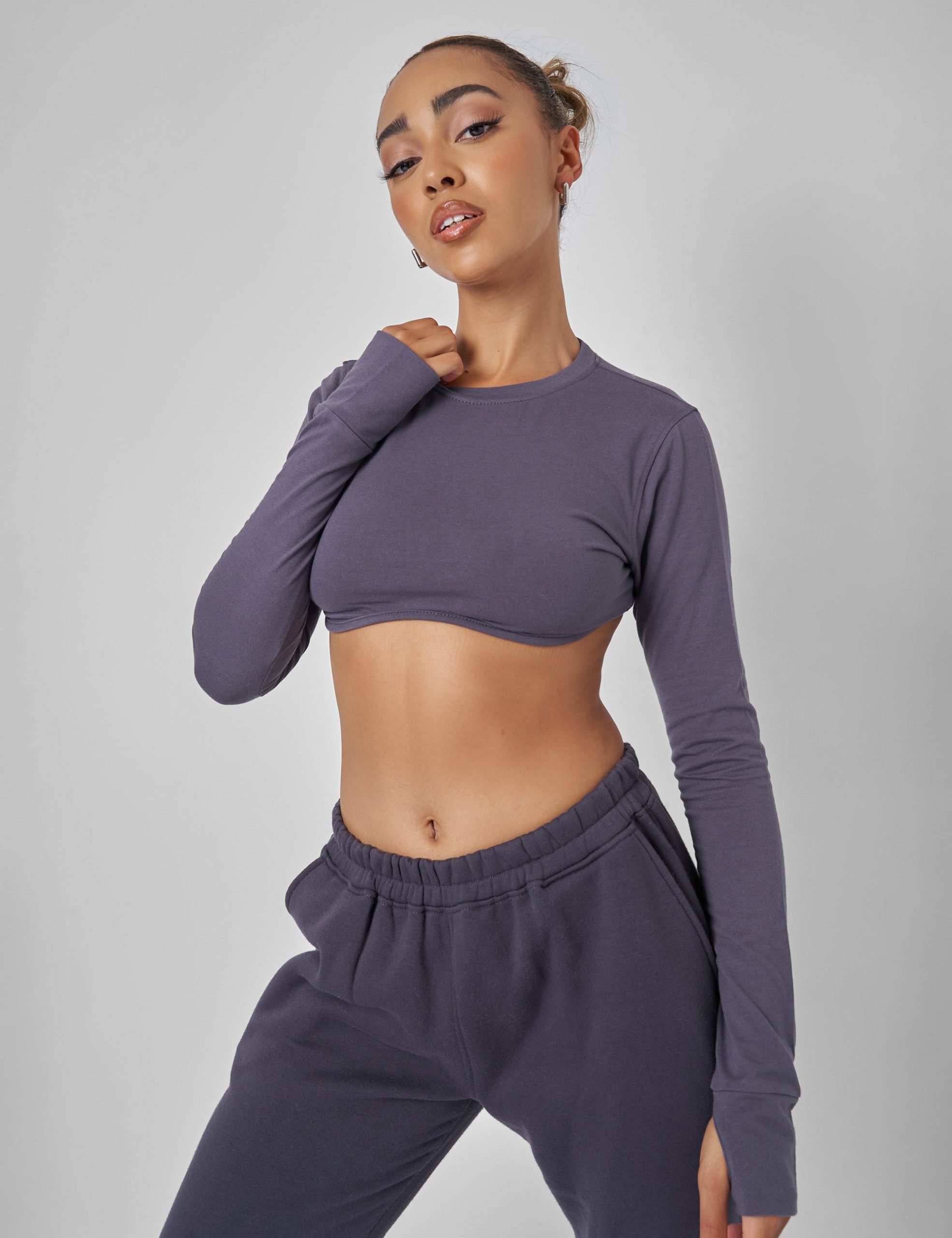 Long Sleeve Underbust Crop Top Dark Grey