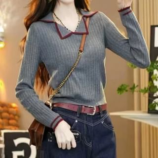 Long Sleeve V-Neck Contrast Trim Ribbed Trim Knit Polo Top