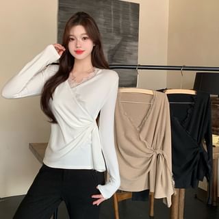 Long-Sleeve V-Neck Plain Asymmetrical Lace Trim Wrap Top