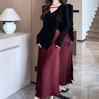 Long-Sleeve V-Neck Plain Asymmetrical Ruched Slit Velvet Top / High Rise Satin Maxi Fishtail Skirt / Set