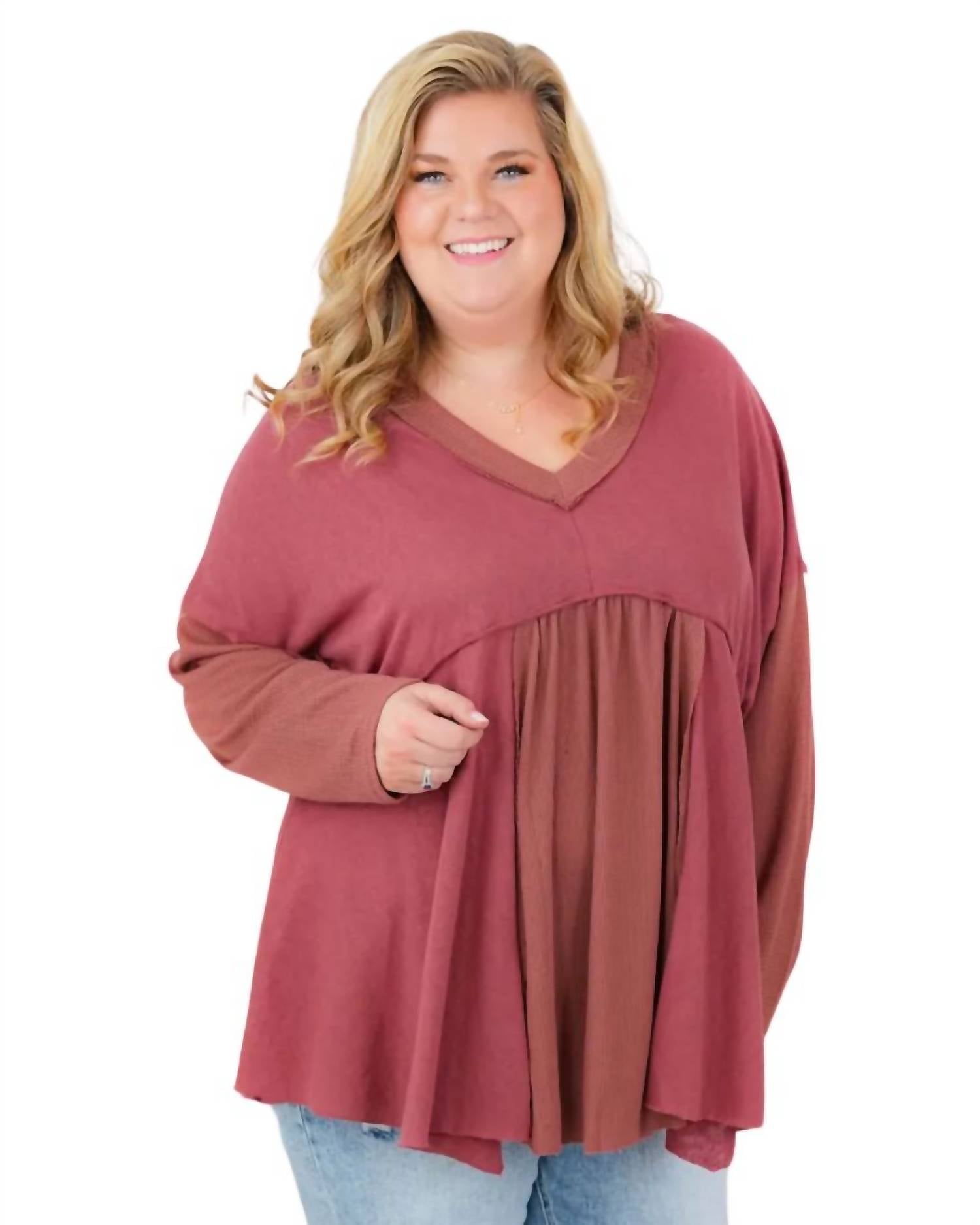 Long Sleeve V Neck Tunic Top In Taupe