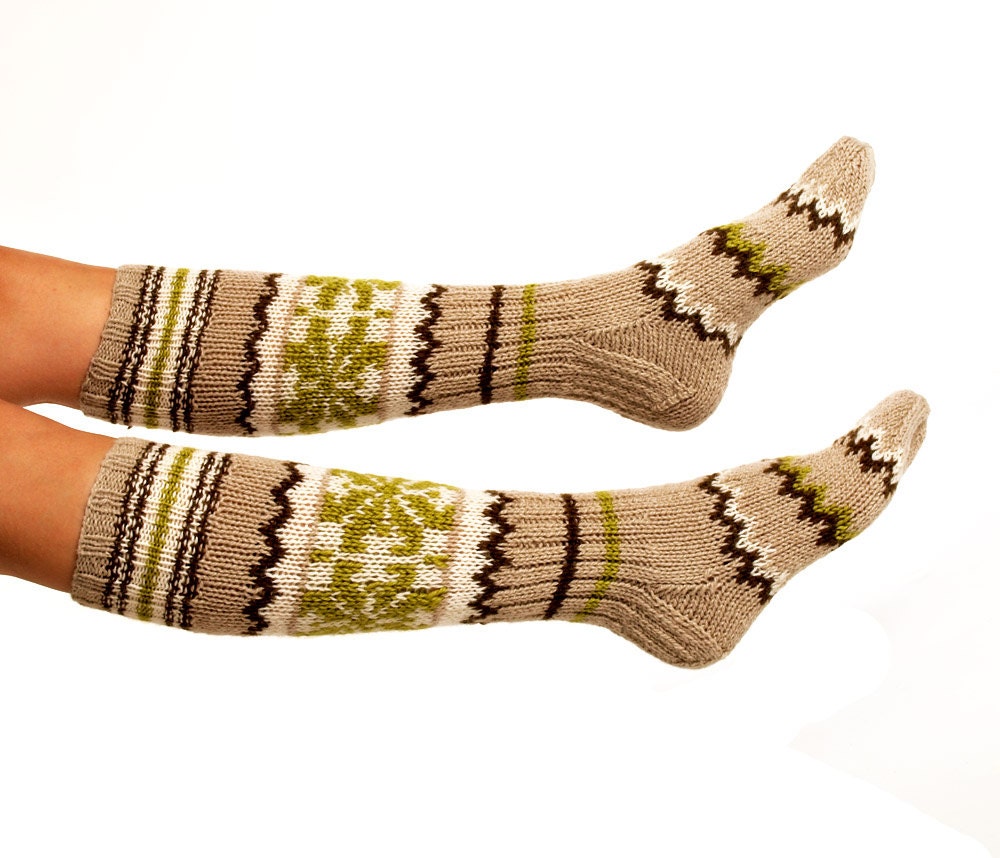 Long Socks "Ornamented Treasure" Hand Knitted From Natural Sand Color Wool Yarn. Great To Wear With Boots