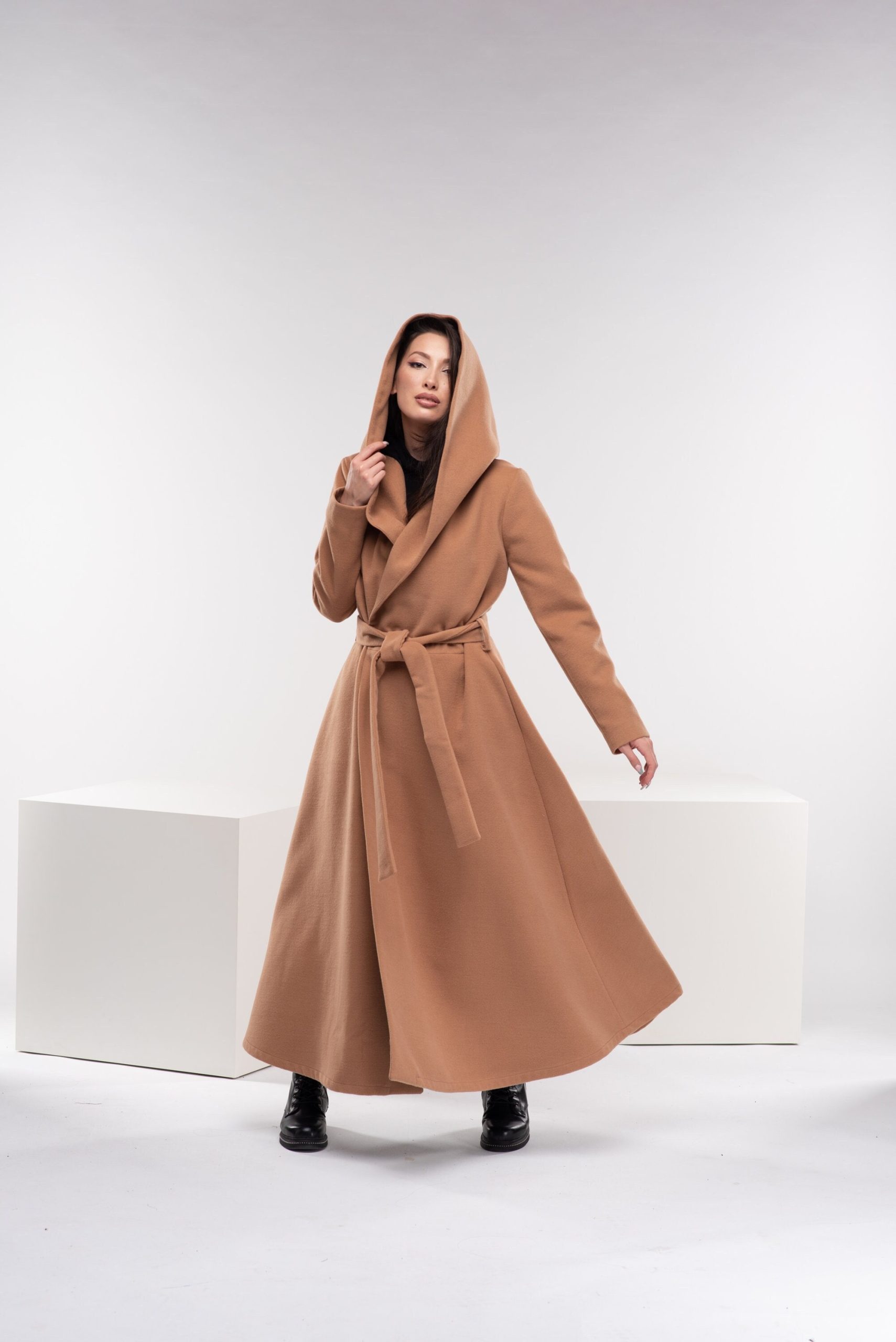 Long Wool Coat, Womens Winter Cloak With Hood, Camel Cape Princess Hooded Victorian Swing Coat