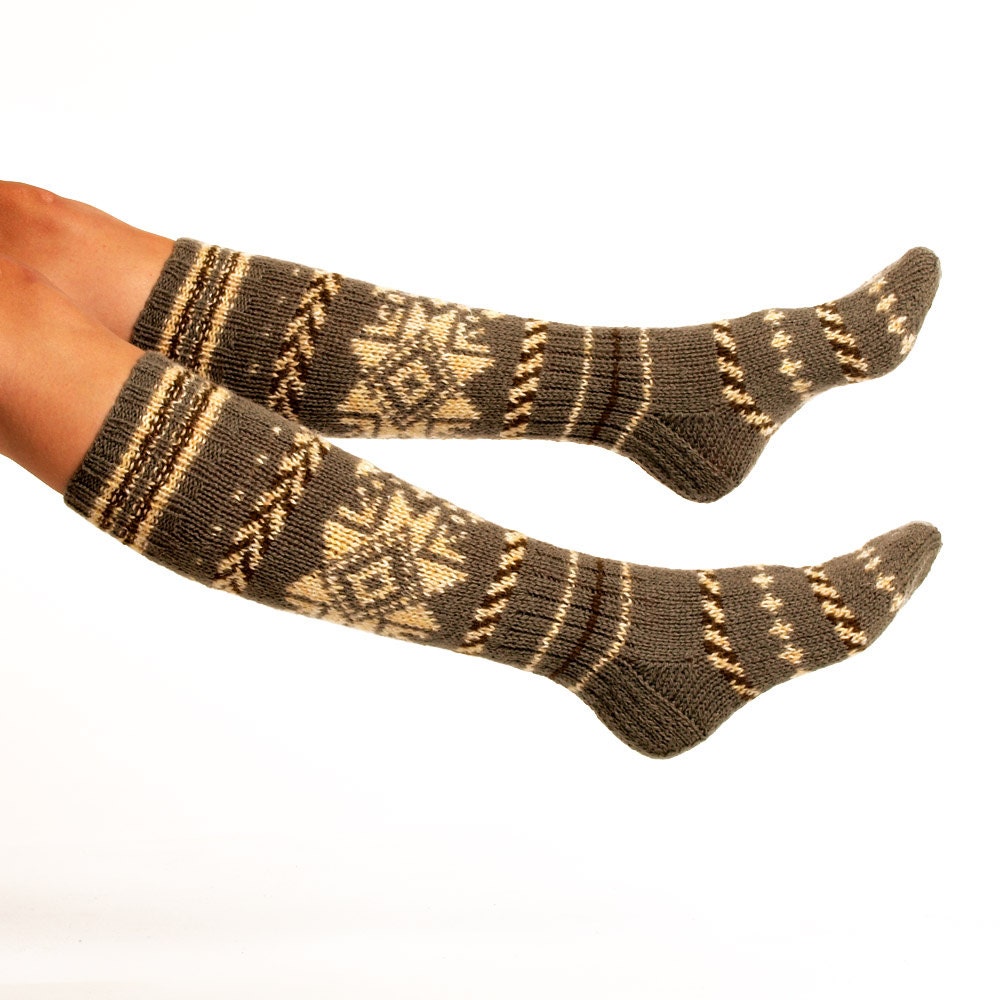 Long Wool Socks. Woman Socks. Hand Knitted Scandinavian Pattern Ornamented Natural Dark Grey Wool Yarn. Great With Boots