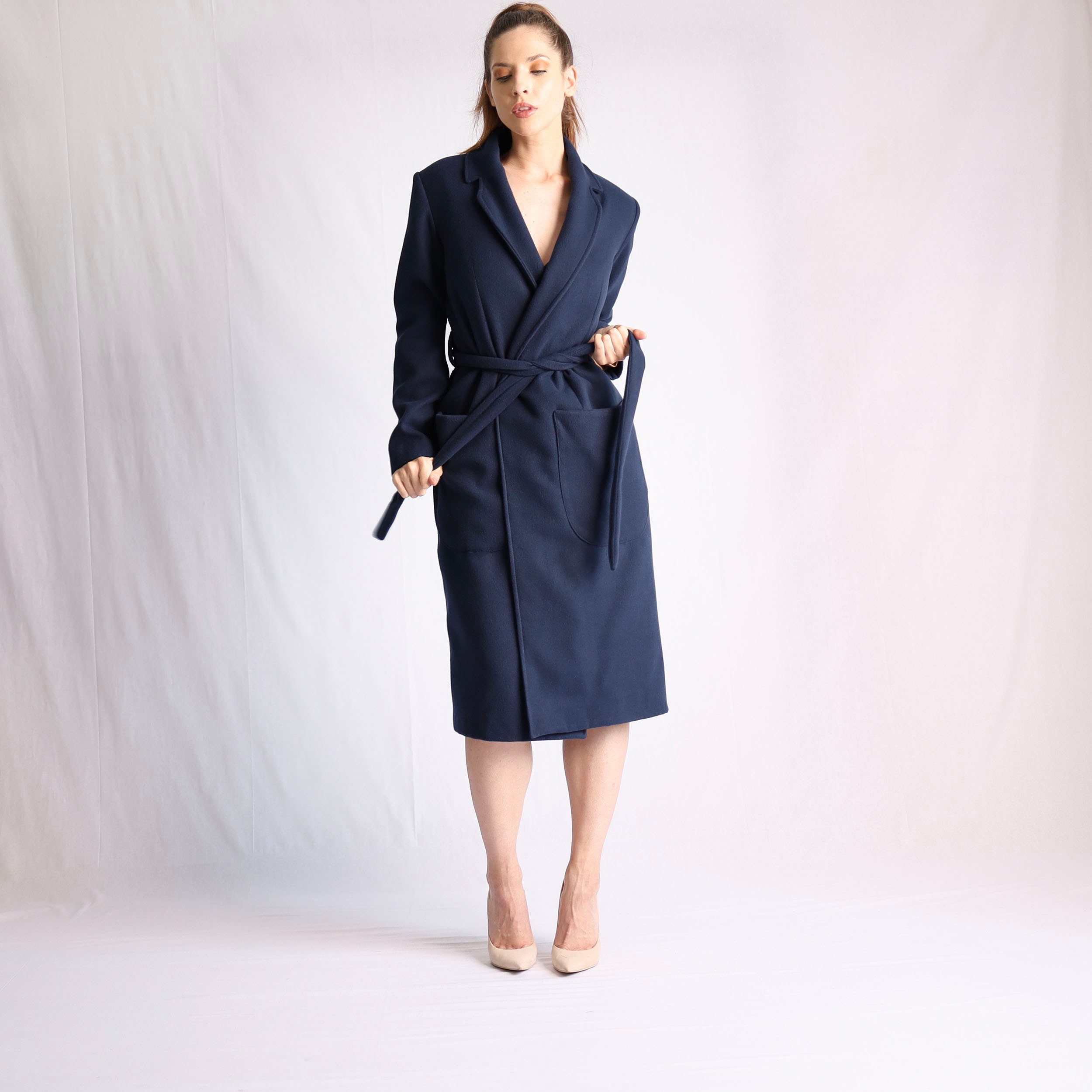 Long Wool Wrap Coat, Navy Blue Womens Fitted Coat Womens, Black Camel Wool Trench Tailored