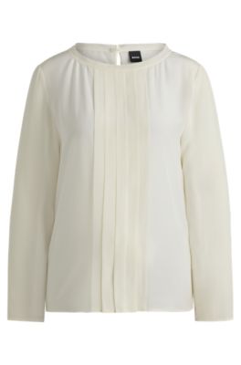 Long-sleeved blouse in washed silk with pleated front- White Women's Business Blouses size 4