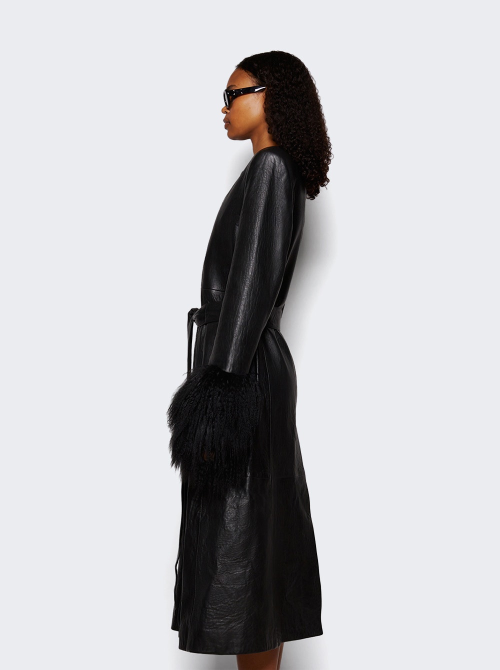 Longline Leather And Shearling Trim Coat Black