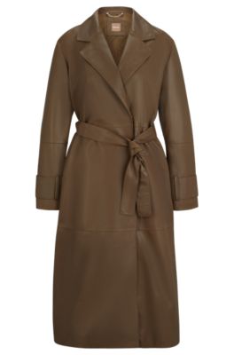 Longline belted coat in nappa leather- Light Brown Women's Casual Coats size 10