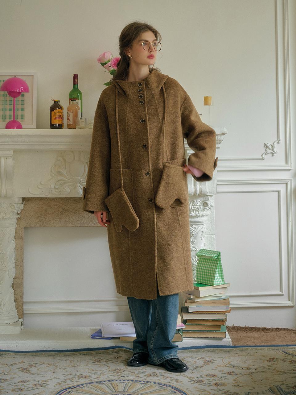 Loose Fit Hooded Wool Blend Coat [Camel]