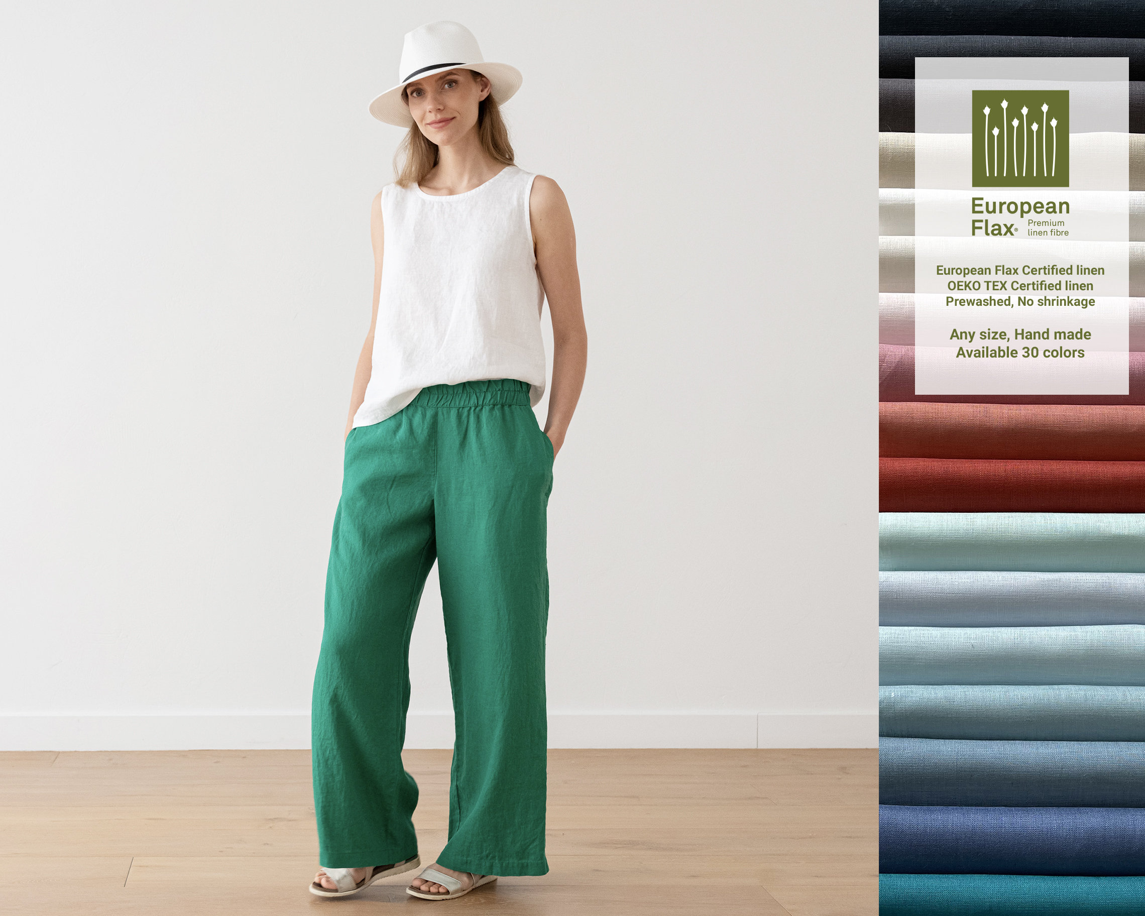 Loose Fit Linen Pants Ruth With Elastic Waistband. Washed Women Trousers. Wide-Legged Available in 50 Colors