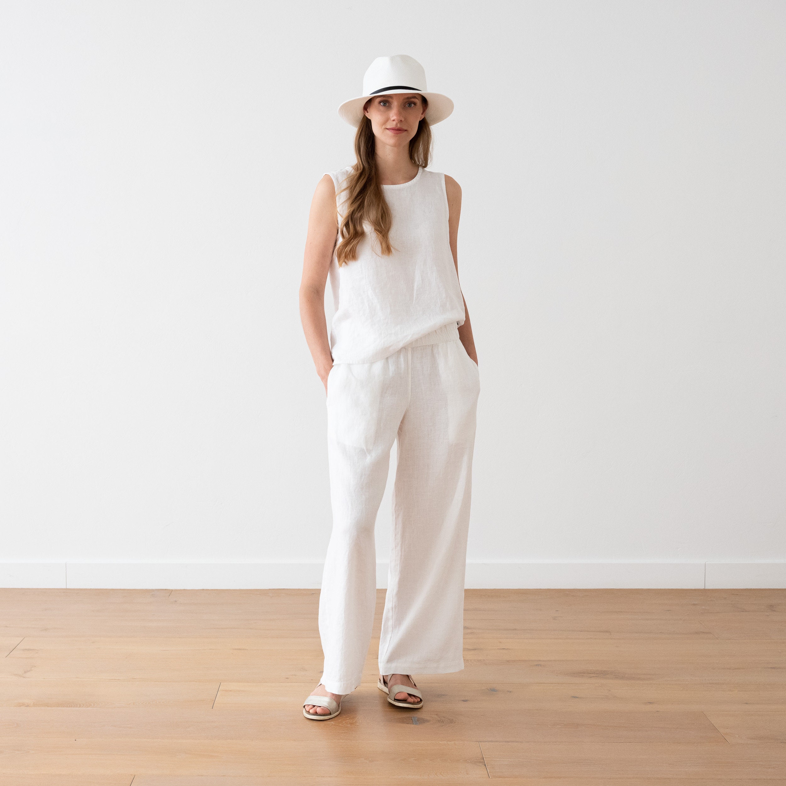 Loose Fit White Linen Pants Ruth With Elastic Waistband. Washed Women Trousers. Wide-Legged Available in 50 Colors