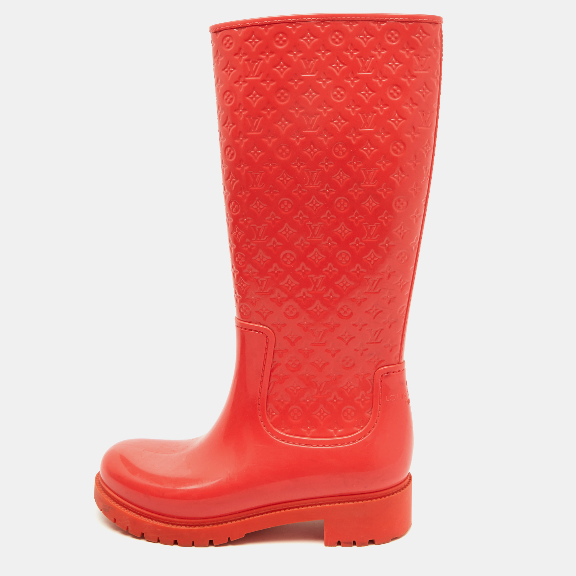 Louis Vuitton Coral Orange Monogram Rubber Splash Rain Boots Size 38