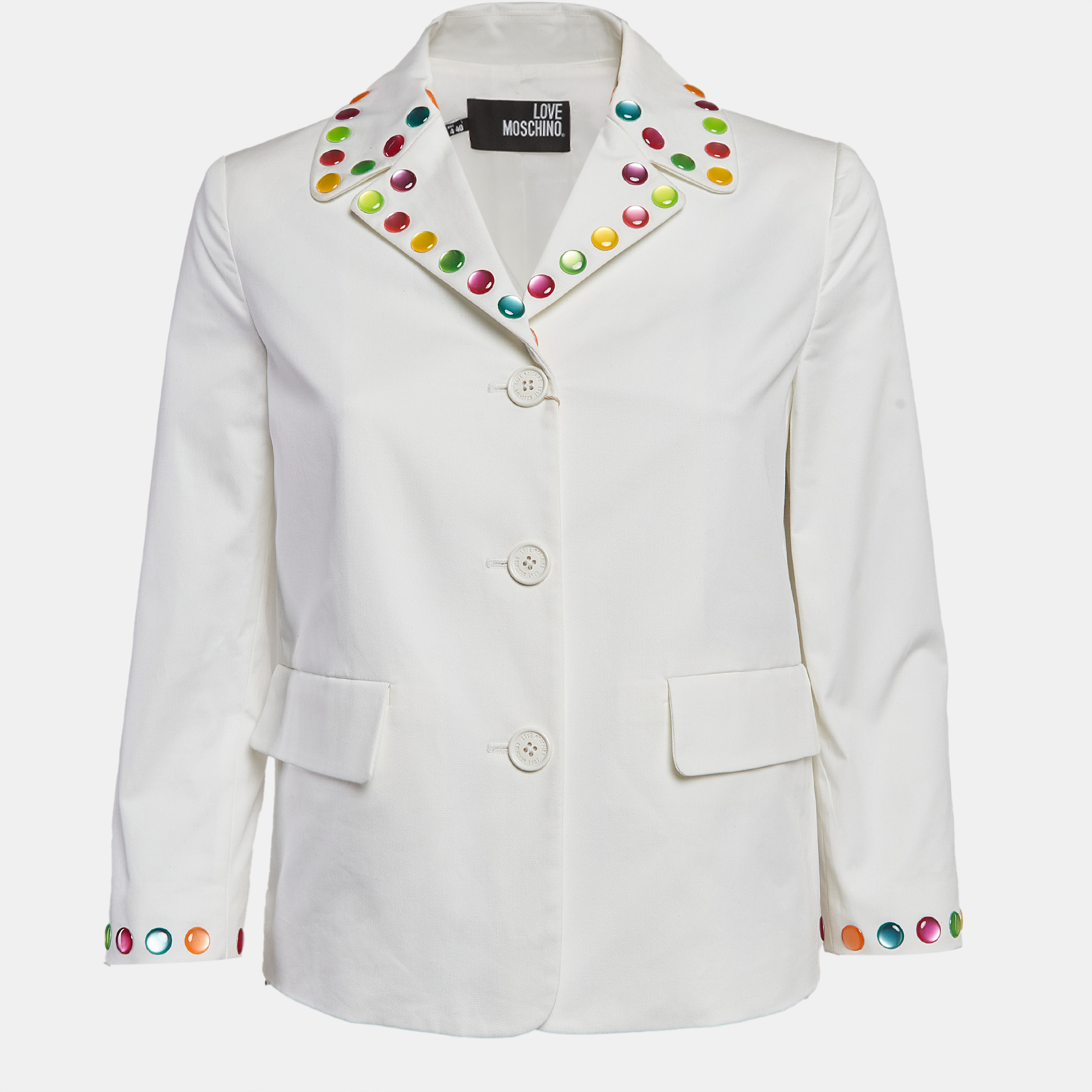 Love Moschino White Multicolor Stud Embellished Gabardine Blazer S