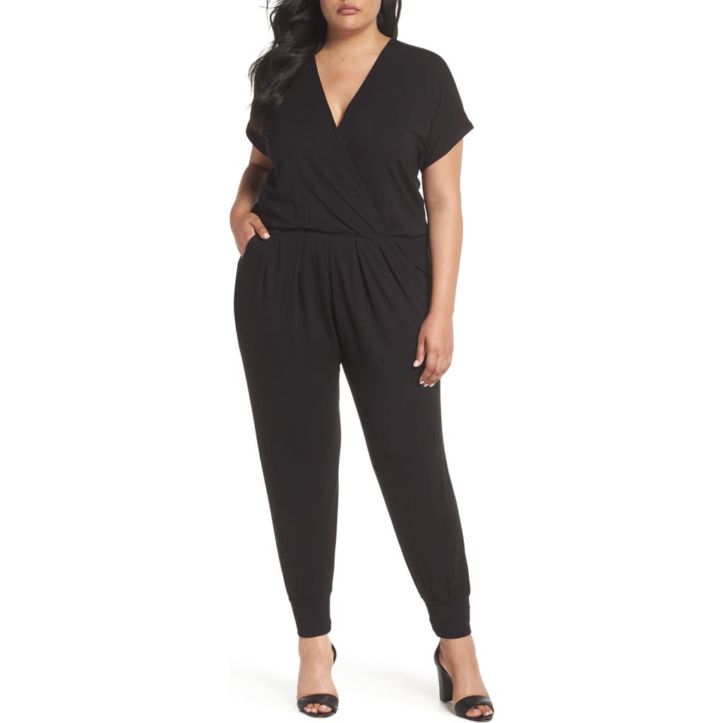 Loveappella Short Sleeve Wrap Top Jumpsuit in Black at Nordstrom, Size 1X