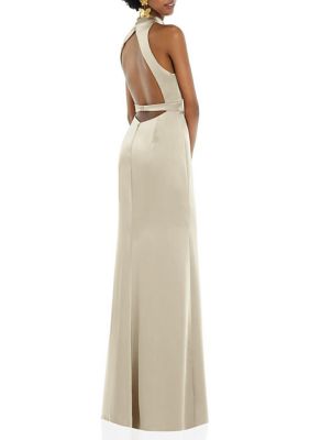 Lovely Women's High Neck Backless Maxi Dress with Slim Belt, Champagne, 14