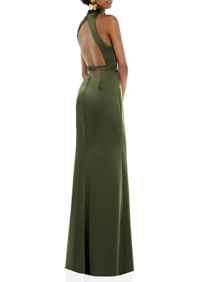 Lovely Women's High Neck Backless Maxi Dress with Slim Belt, Green, 16