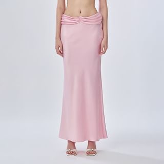 Low Rise Shirred Midi Satin Mermaid Skirt