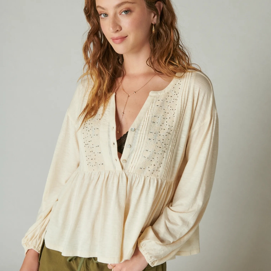 Lucky Brand Beaded Embroidered Pintuck Peplum Top - Women's Clothing Peplum Tops Shirts in Sand Dollar