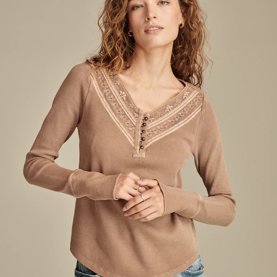 Lucky Brand Embroidered Mesh Yoke Henley - Women's Clothing Tops Tees Henley Shirt in Raw Umber