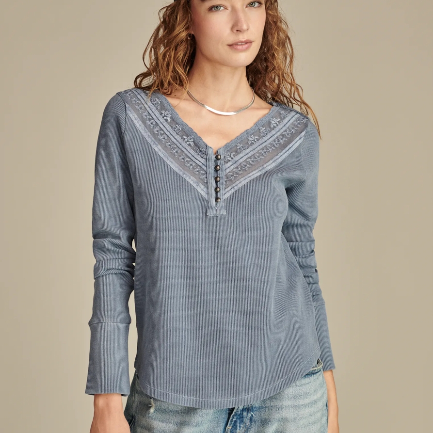 Lucky Brand Embroidered Mesh Yoke Henley - Women's Clothing Tops Tees Henley Shirt in Stonewash