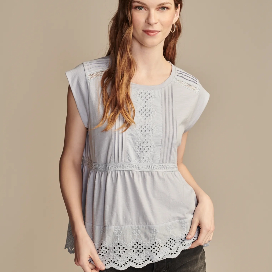 Lucky Brand Embroidered Peplum Tee - Women's Clothing Tops Shirts Tee Graphic T Shirts in Zen Blue