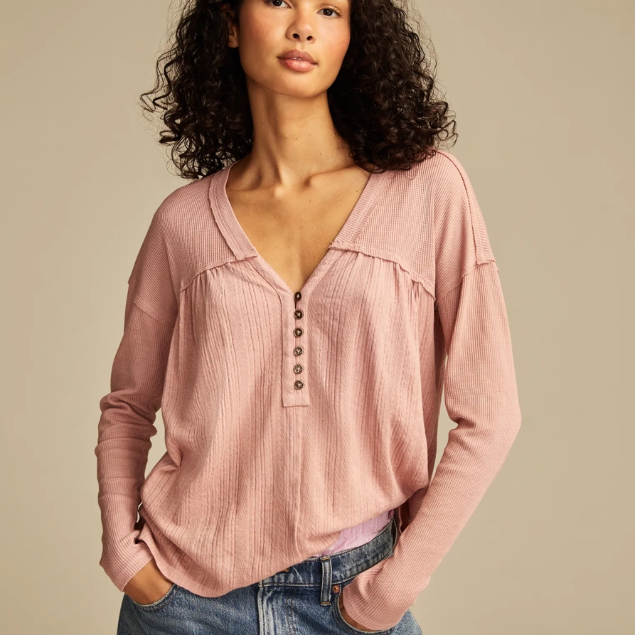 Lucky Brand Fabric Mix Long Sleeve Tunic - Women's Clothing Tunic Tops Tees Shirts in Ash Rose