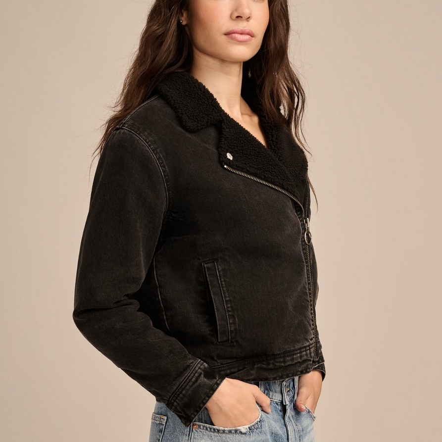 Lucky Brand Faux Shearling Denim Moto Jacket - Women's Clothing Outerwear Jackets Coats in Scratched Record Wash