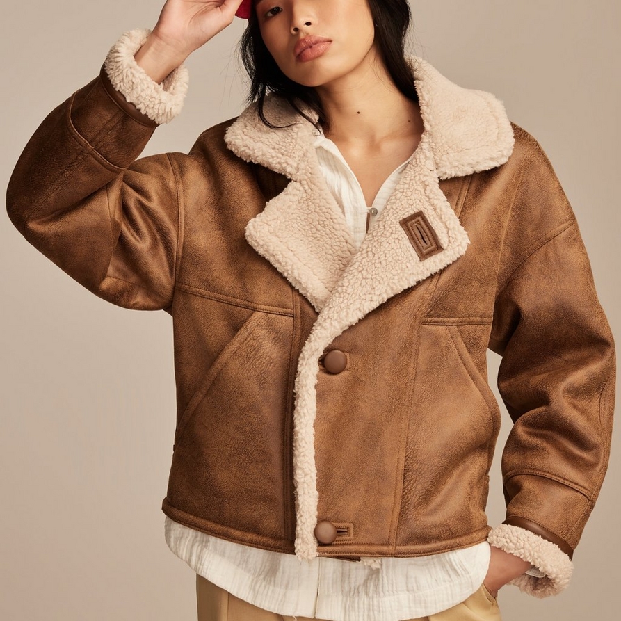 Lucky Brand Faux Shearling Moto Jacket - Women's Clothing Outerwear Jackets Coats in Cognac